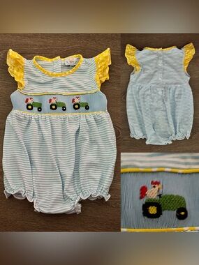 Busy Bees Smocks Bubble outfit one piece Farm tractor chicken  Size 24M month
